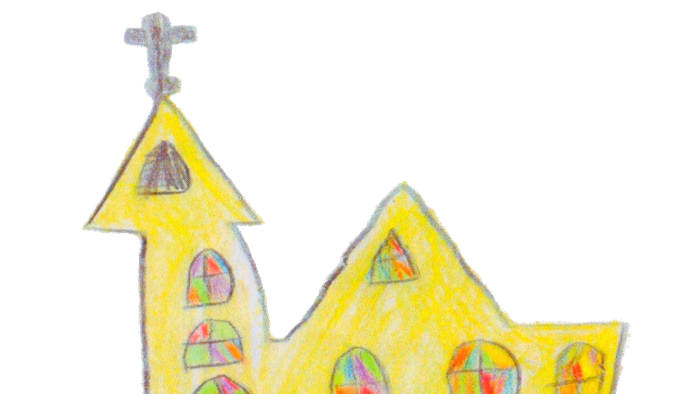 Bunte Kreidezeichnung einer Kirche mit lebendigen Buntglasfenstern und einem Kreuz auf der Spitze.