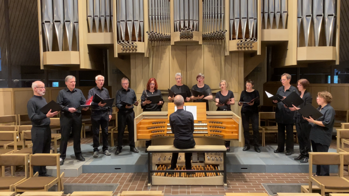 Ein Chor und ein Organist treten gemeinsam in einer prächtigen Kirche mit einer großen Pfeifenorgel auf.