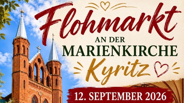 Flohmarkt-Plakat für die Veranstaltung an der Kyritzer Marienkirche am 12. September 2026 mit Informationen zur Kirchen- und Händleranmeldung.