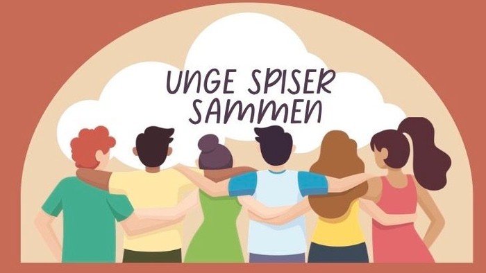overskrift unge spiser sammen, animeret billede 6 unge drenge og piger står med ryggen til og kigger på skyen med overskriften, de har armen om livet på hinanden og ser glade og forventningsfulde, varme gyldne farver