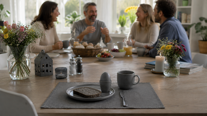 Ein graues Gedeck mit einer Tasse, einem Ei und einer Scheibe Brot steht auf einem Esstisch, während im Hintergrund vier Menschen fröhlich gemeinsam frühstücken und sich unterhalten.