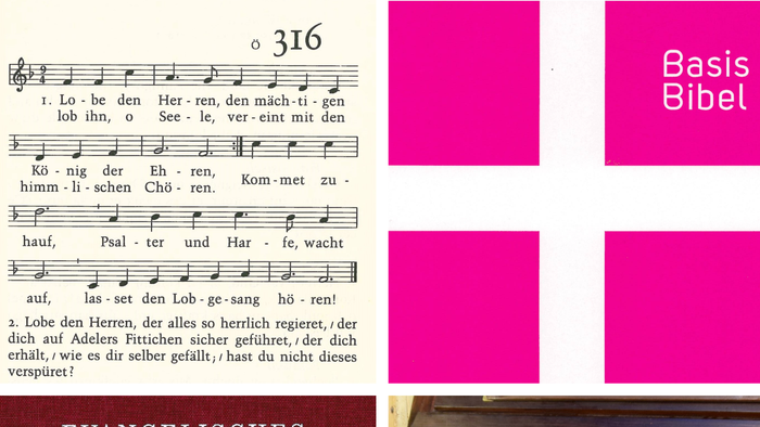 Das Bild zeigt Noten, ein Buch und eine Orgel, mit Text in Deutsch
