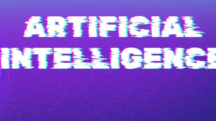 Glitchiger Text, der den Begriff „KÜNSTLICHE INTELLIGENZ“ auf einem knallvioletten Hintergrund anzeigt.