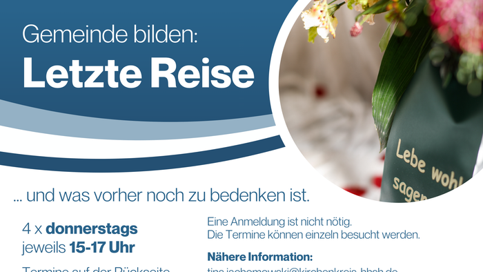 Plakat zur Bewerbung von Gemeinschaftsdiskussionen zum Thema „Letzte Reisen“ mit vier Donnerstagsterminen von 15 bis 17 Uhr.