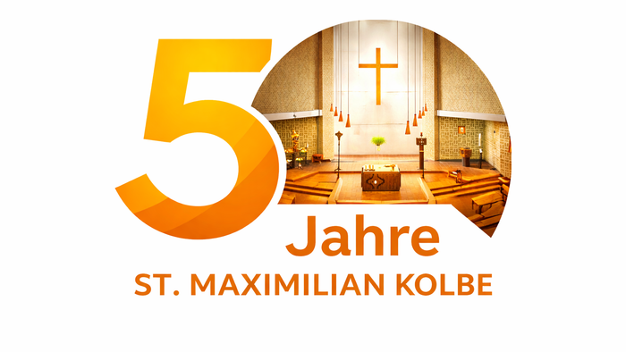 „50 Jahre Pfarrei St. Maximilian Kolbe – mit einem Bild des Kircheninneren.“