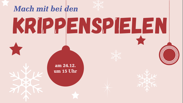 Weihnachts-Einladungsplakat zur Teilnahme an den Krippenspiel-Veranstaltungen am 24. Dezember um 15 Uhr.