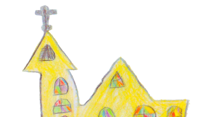Bunte Kreidezeichnung einer Kirche mit lebendigen Buntglasfenstern und einem Kreuz auf der Spitze.