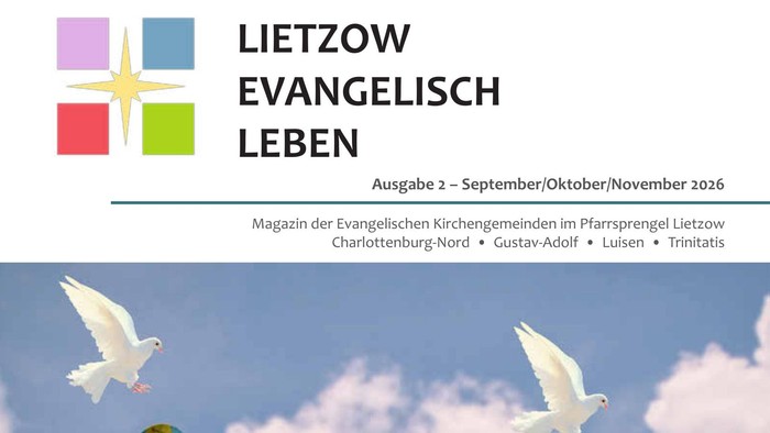 Zeitschriftencover mit gemalten Händen, die Weltkarten und Tauben zeigen und das globale evangelikale Leben in Lietzow symbolisieren.