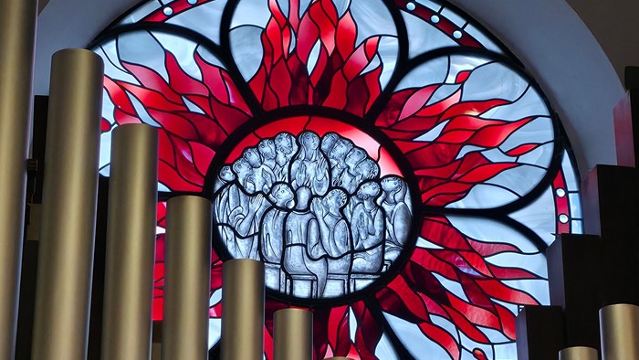 Ausschnittbild der Orgel in St. Antonius-Alstaden, Zu sehen sind einige Orgelpfeifen und die Fensterrosette im Hintergrund