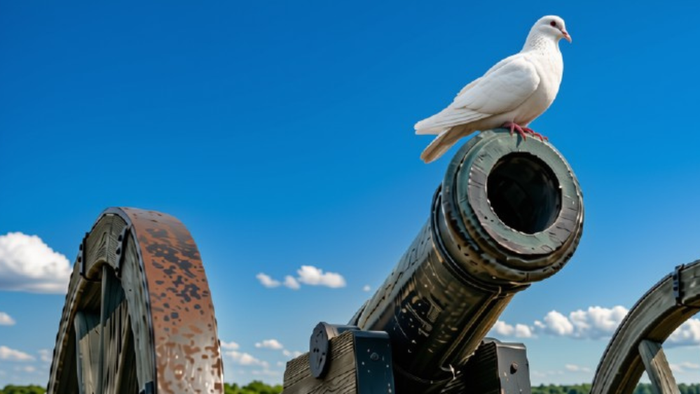 Eine weiße Taube sitzt auf dem alten Lauf einer Kanone unter einem klaren blauen Himmel.