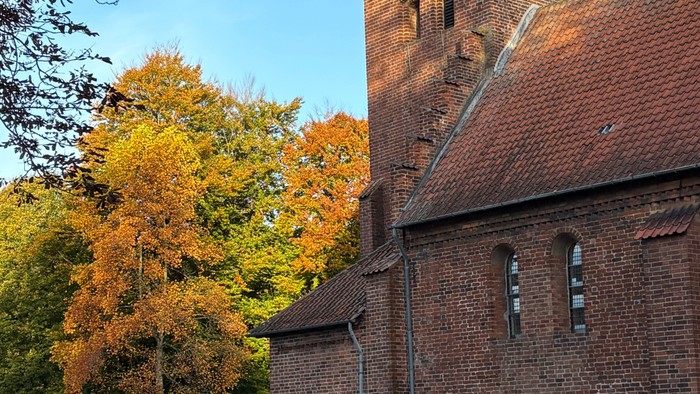 En gammel murstenskirke med tårn og høstfarvede træer