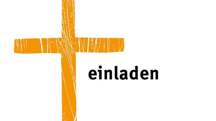 orangefarbenes Kreuz mit Schriftzug EINLADEN