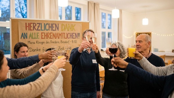 Gruppe, die mit Weingl�sern bei einer Dankesveranstaltung f�r Freiwillige jubelt und mit festlichen Dekorationen feiert.