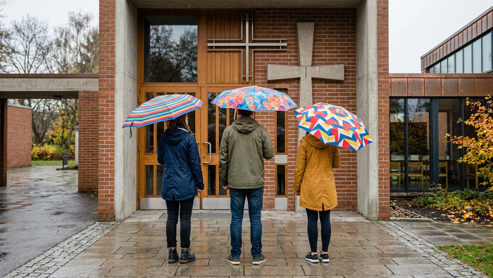 Drei Personen, die alle einen bunten Regenschirm tragen, stehen mit dem Rücken zum Betrachtenden vor einer Kirchentür
