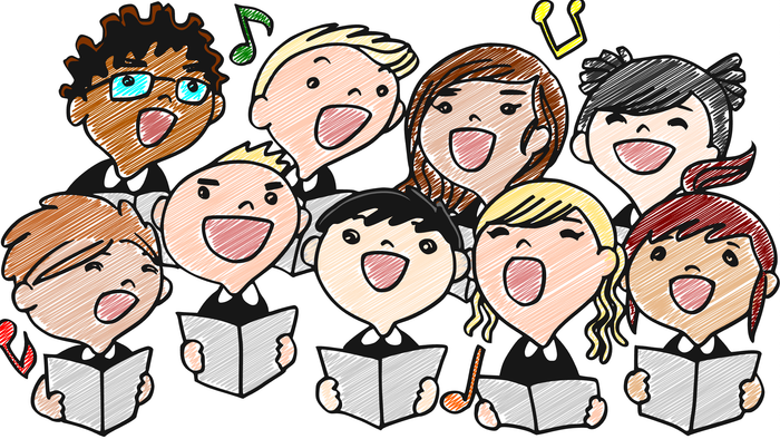 Gezeichnetes Bild: 9 Kinder mit Notenblättern, die lauthals singen.