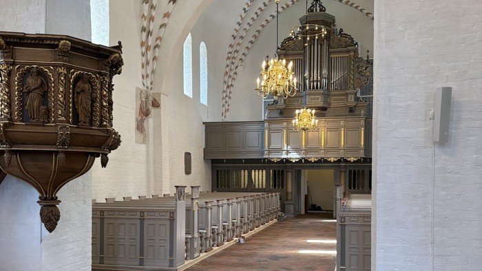 Indgang til en stor kirke med høje vægge og orgel.
