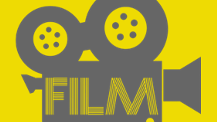 Billedet viser et stiliseret filmkamera med ordet