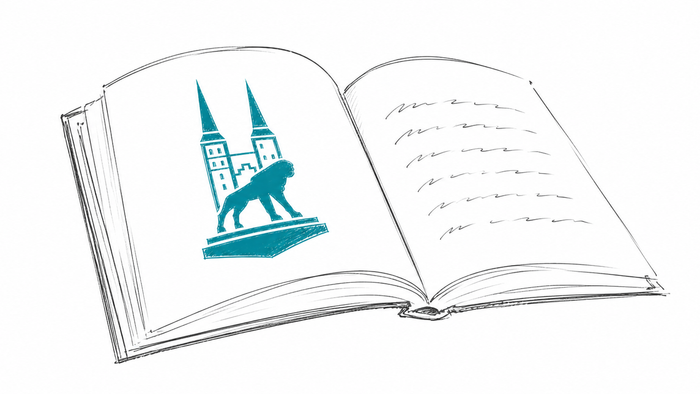 Skizze eines aufgeschlagenen Buches mit Logo des Doms