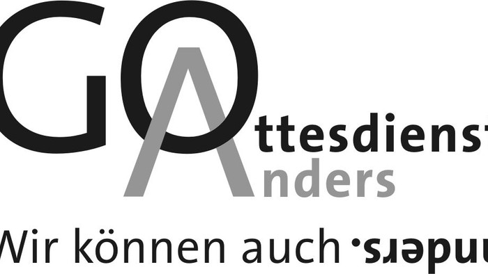 Logo für „GAttesdienst Anders“ mit deutschem Slogan, der alternative Krankheitsvertretungs- oder Gottesdienstbesuchsdienste betont.