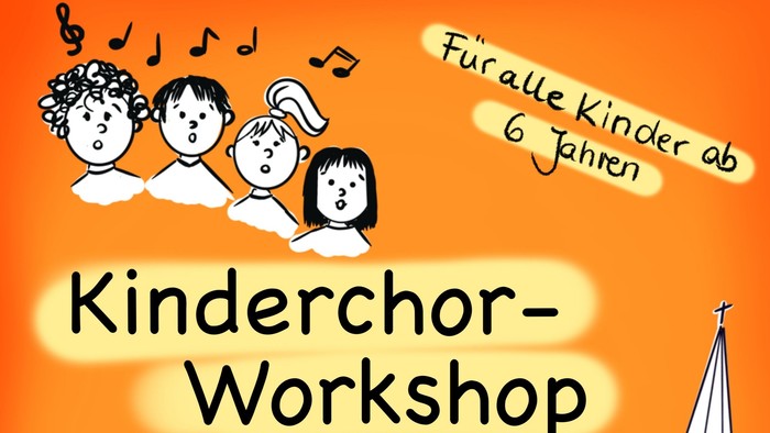 Kinderchor-Workshop für Kinder ab sechs Jahren mit musikalischen Illustrationen und einem Kirchturm.