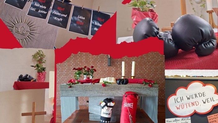 Kreatives Collage aus wutthematischen Dekorationen und motivierenden Notizen in einem gemütlichen, rot getönten Raumambiente.