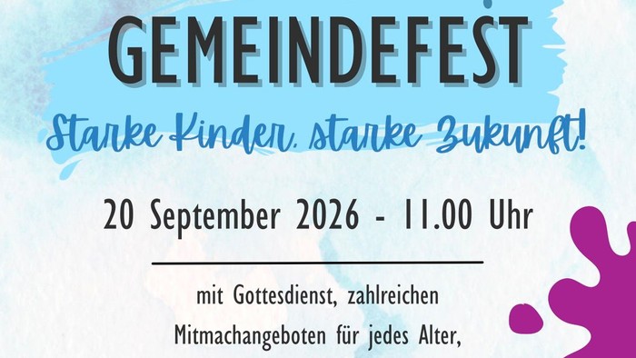 Plakat für ein Gemeinschaftsfest „Starke Kinder – starke Zukunft“, das am 20. September 2026 in der Nähe der Gemarker Kirche stattfindet.