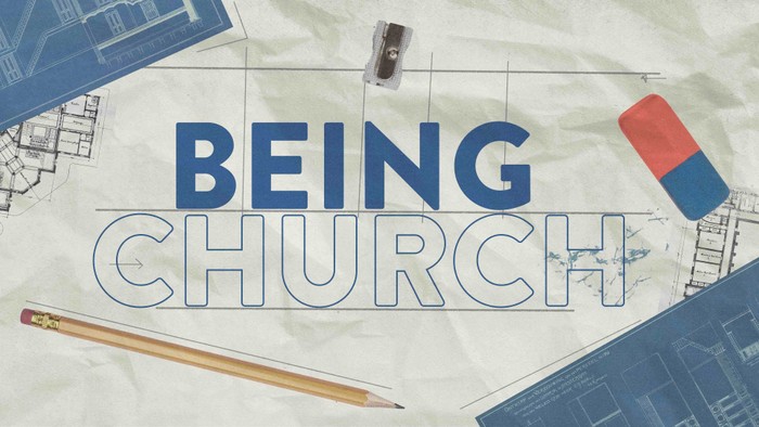 Graphic illustrating themes of church planning and construction with tools and blueprints, emphasizing 