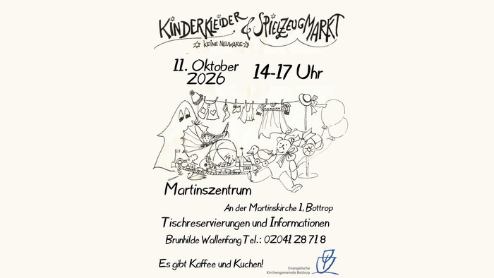Plakat für den Kinderkleid & Spielzeugmarkt am 11. Oktober 2026 im Martinszentrum mit Kontaktdaten.