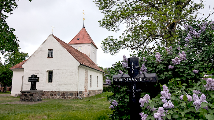 Blühender Flieder um Steinkreuz an der Dorfkirche Alt-Staaken