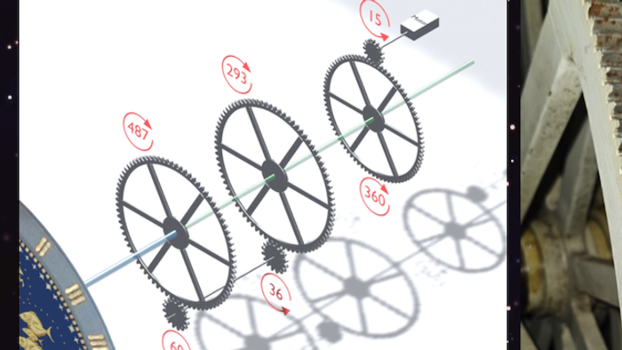 Illustrierte mechanische Zahnräder, die Rotationsgrade und ihre Verbindungen in einer weltraumbezogenen Präsentation zeigen.