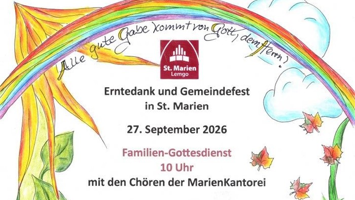Einladungsplakat zum Erntedankfest und Gemeindefest in St. Marien mit Familiengottesdienst und Aktivitäten.