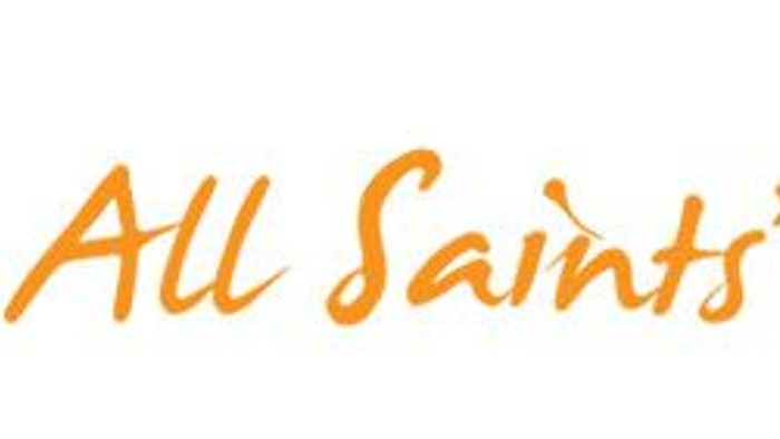 The logo features stylized text 'All Saints' Lightwater' with a playful font and a small graphic of a person carrying a lightbulb.