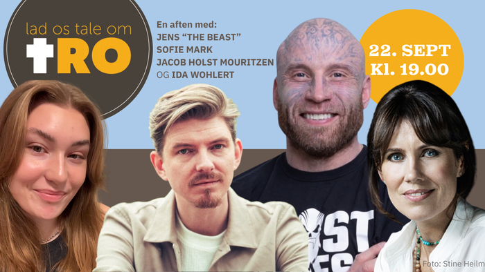 Plakat til arrangement med fire talere til et talkshow den 22. september kl. 19:00, herunder Jens