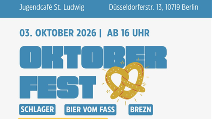 Plakat zur Bewerbung eines Oktoberfest-Events mit Bier, Snacks und einer Happy Hour von 16 bis 17 Uhr am 3. Oktober 2026.