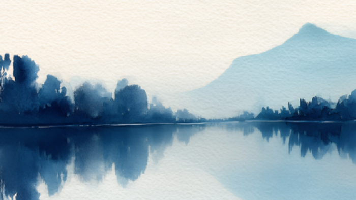 Gemeinde-Newsletter-Titelbild mit idyllischer Seelandschaft und dem Wort „Gelassenheit“ sowie Kircheninformationen.