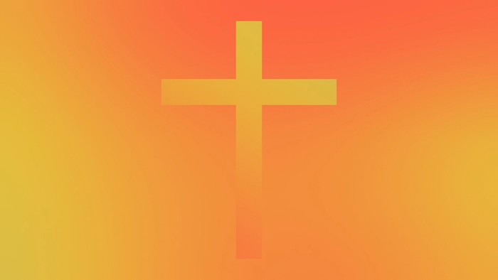 A yellow cross on an orange background