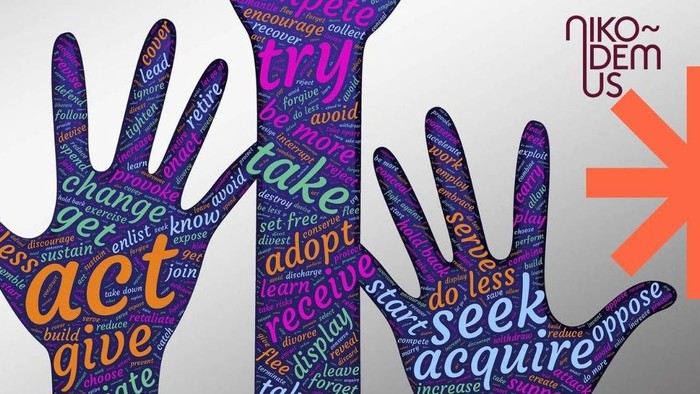 Grafik mit drei Händen in Violett, auf denen farbig Worte wie act, give, try etc. zu sehen sind