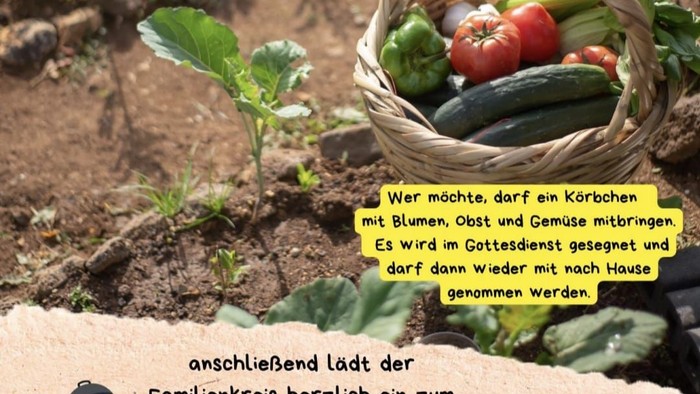 Familien-Erntedankfest in der Kirche mit Einladung zum Grillfest nach dem Gottesdienst in einem Gartenambiente.