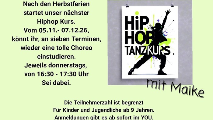 In der rechten oberen Ecke sieht man ein Bild mit der Silhouette einer tanzenden Person. Dahinter sind lila und neongrüne Kleckse. Quer darüber steht in Blockbuchstaben
