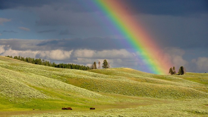 Das Bild zeigt einen Teil von einem Regenbogen über eine Hügellandschaft.