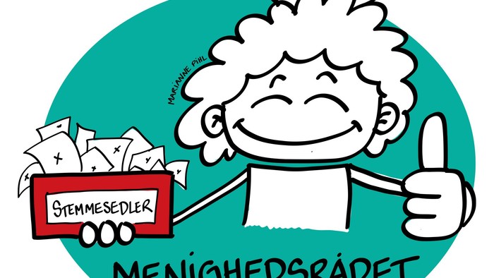 En glad person med et kasse med penge og tekster, der siger