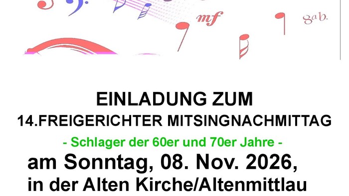 Einladung zum 14. Freigerichter Mitsingnachmittag mit Hits der 60er und 70er am 8. November 2026 – mit kostenlosem Kaffee und Gesang.