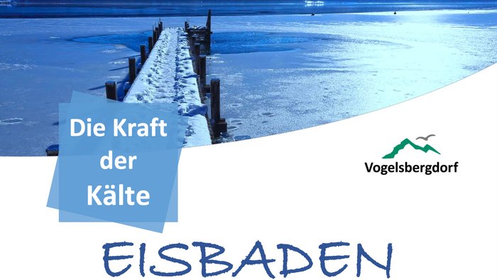 Werbeplakat für Eisbaden, das die Kraft der Kälte mit einer Szene eines gefrorenen Stegs und dem Text „Eisbaden“ hervorhebt.