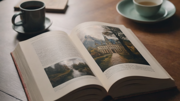 Ein Buch auf einem Tisch. Daneben zwei Kaffeetassen.