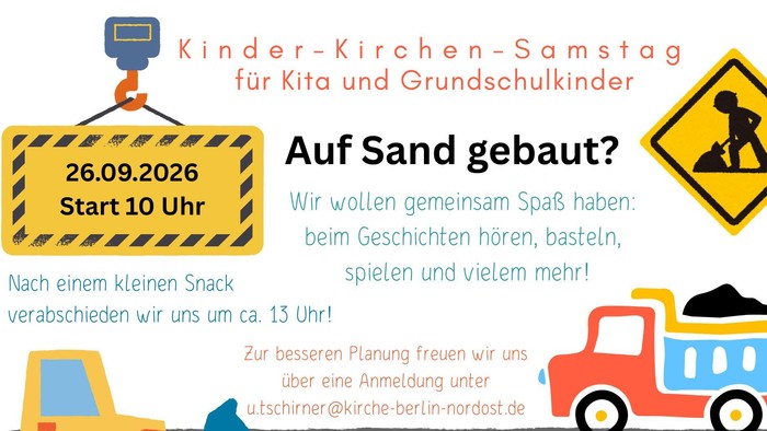 Plakat für eine Kinderkirchen-Samstagsaktivität mit bau-themenbezogenem Spaß und Geschichten am 26. September 2026.