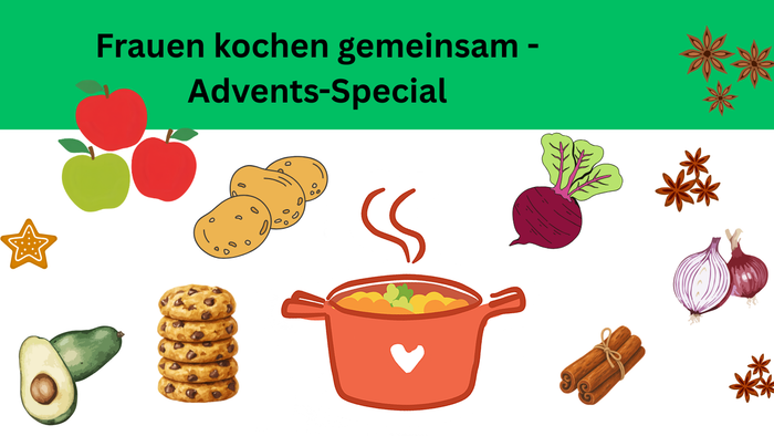 winterliches Gemüse, Gewürze und Gebäck um einen Kochtopf gruppiert