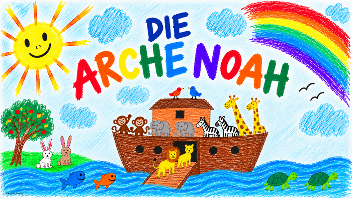 Kinderzeichnung zur Arche Noah: Ein buntes Schiff mit Tierpaaren auf dem Wasser, darüber ein Regenbogen, Sonne und Wolken. In großen bunten Buchstaben steht „Die Arche Noah“.