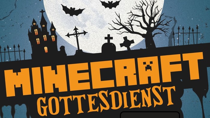 Das Veranstaltungsplakat zeigt eine gruselige Landschaft, Fledermäuse vor einem Vollmond über Grabsteinen und den Schriftzug: Minecraft Gottesdienst