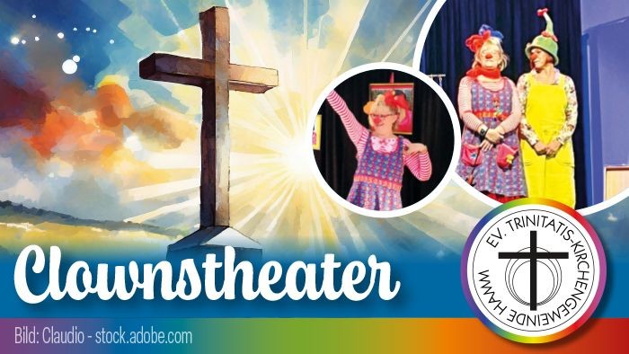 Bunte Clown-Puppen, die auf der Bühne mit einem großen Holzkreuz und einem Regenbogen-Hintergrund für eine festliche Veranstaltung auftreten.