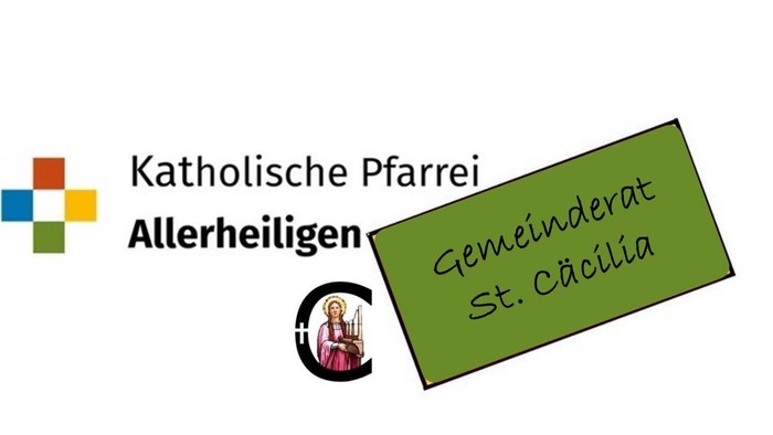 Logo für den Pfarrgemeinderat der Katholischen Pfarrei Allerheiligen, St. Cäcilia, mit einem grünen Banner und einem musikalischen Symbol.